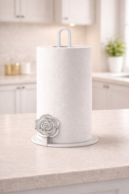 White Matte Silver Flowered Metal Towel Napkin Holder- Paper Towel Holder-Tabletop Napkin Holder Roll Towel Holder