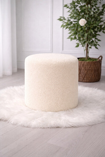 Minimalist Tasarım Teddy Kumaş Krem Puf Silindir
