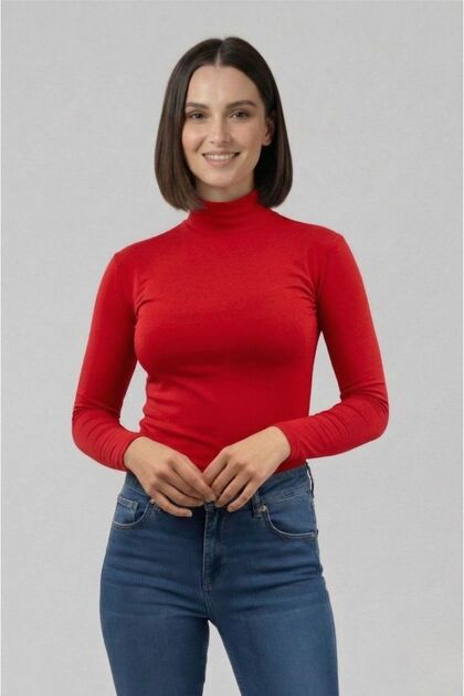 Women's Long Sleeve Half Turtleneck Body Red 1 Piece