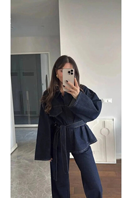 Koyu Lacivert Belden Bağlamalı Oversize Denim Takım Ceket Pantolon
