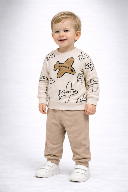 Baby Boy Airplane Embroidered Top and Bottom Set 2 Thread Non-Embroidered Seasonal Tracksuit Set 3-12 Months