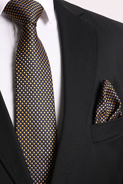 Hand Made 7.5 cm Yellow Navy Blue Patterned Tie Handkerchief