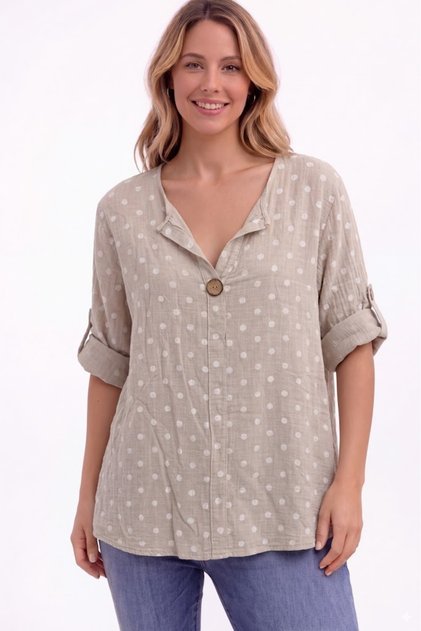 Women's Italian Beige Polka Dot Patterned Button Detailed 3/4 Sleeve Loose 100% Cotton Blouse Tunic
