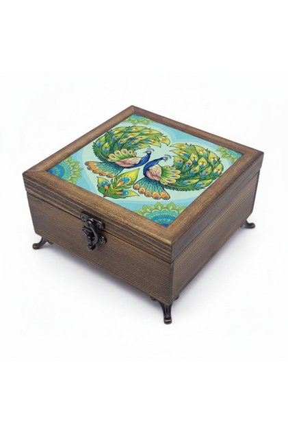 Wooden Jewelry and Key Storage Boxes, Ceramic Tiles and Velvet Lining, 50 Different Pattern Options