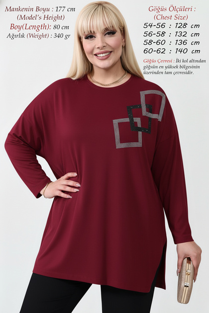 Large King Size Women's Combed Cotton Anti-Sweat High Quality Knitted Fabric Viscose Stoned Mother Burgundy Blouse