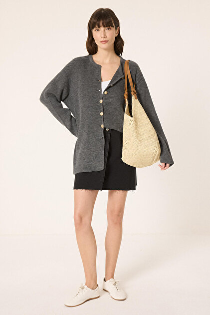 Gold Buttoned Long Cardigan