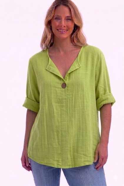 Women's Italian Green Yellow Button Detailed 3/4 Sleeve Oversized Casual 100% Cotton Blouse Tunic