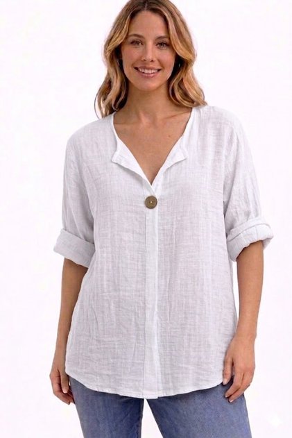 Women's Italian White Button Detailed 3/4 Sleeve Oversize Loose 100% Cotton Blouse Tunic