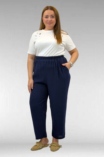 59022 large size half elasticated muslin pants - navy blue