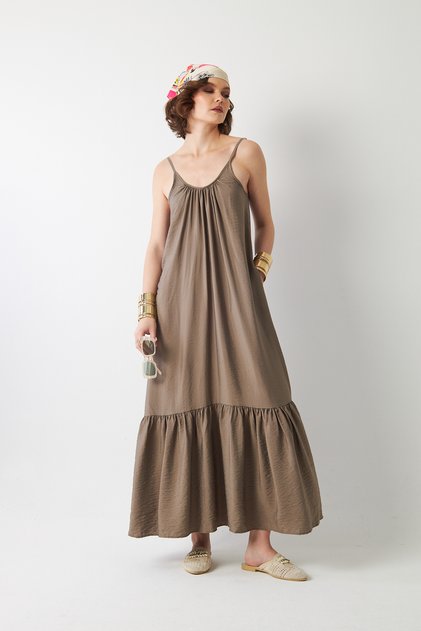 Women's Drawstring Collar Strap Long Dress Mink – Pocketed , Ruffled Design, Comfortable Cut, Summer Wear Lightweight Textured