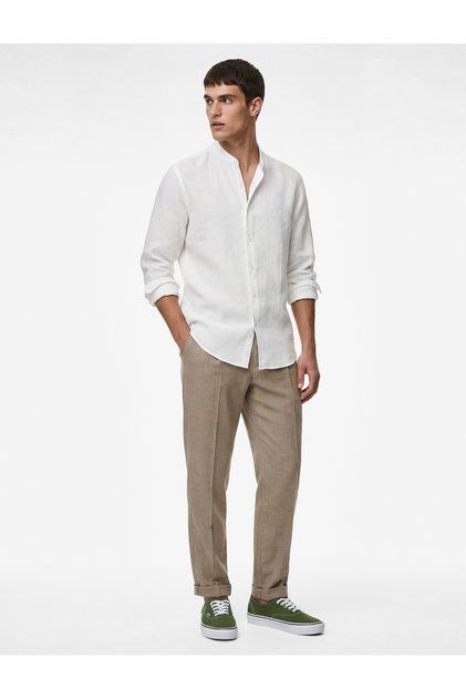 Viscose Blend Buttons Pocketed Pleated Fabric Trousers