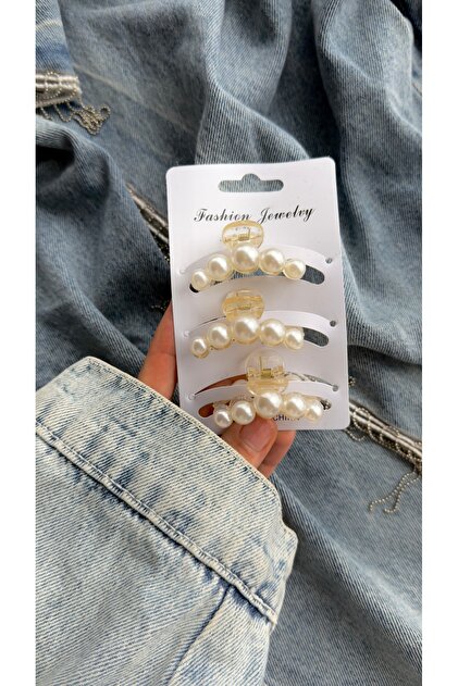 Pearl Buckle 3-Piece Mini Size 5'Cm Women's Hair Accessory Peg Model with Pearl Detail