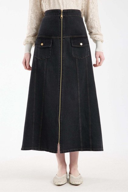 Cargo Zip Denim Skirt Black
