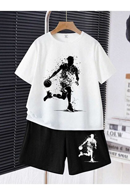 Summer Children's T-Shirt Shorts Unisex (Ball Playing Man Print Color Black