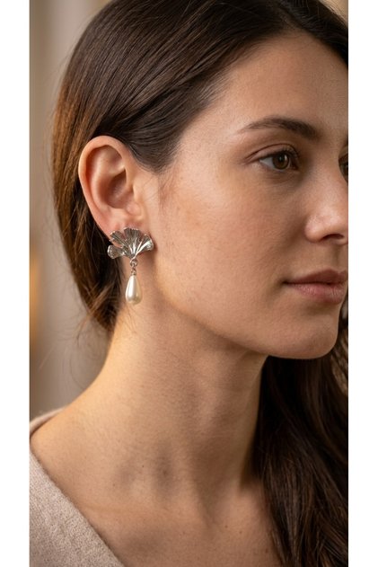 Ginkgo Leaf Dangle Drop Pearl Women Earrings Steel Jewelry