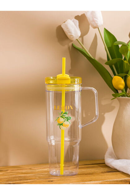 Esvab • Modern & Distinctive Lemon Printed Glass Cup with Straw 1200 ml