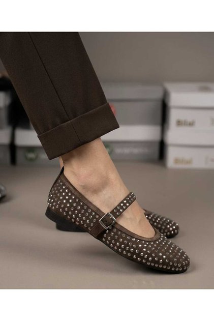 Women's Flat Shoes with Brown Strap Belt, Lightweight, Comfortable, Stylish, Stoned, Business, Office, Daily Wear Shoes