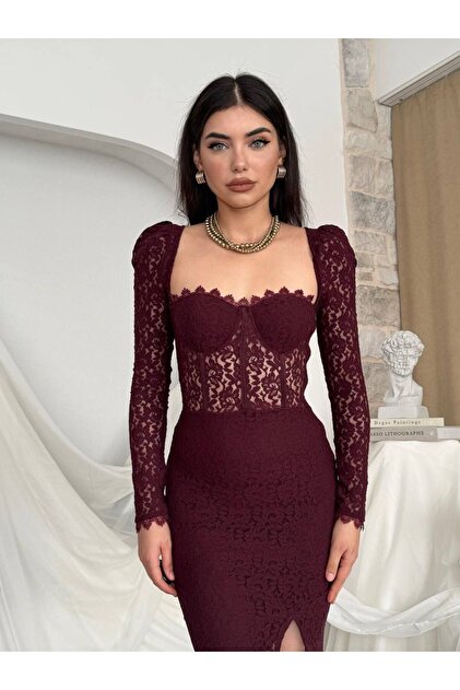maf collection Women's Plum Color Heart Collar Slit and Lace Detail Evening Dress  Graduation Dress- Trendyol