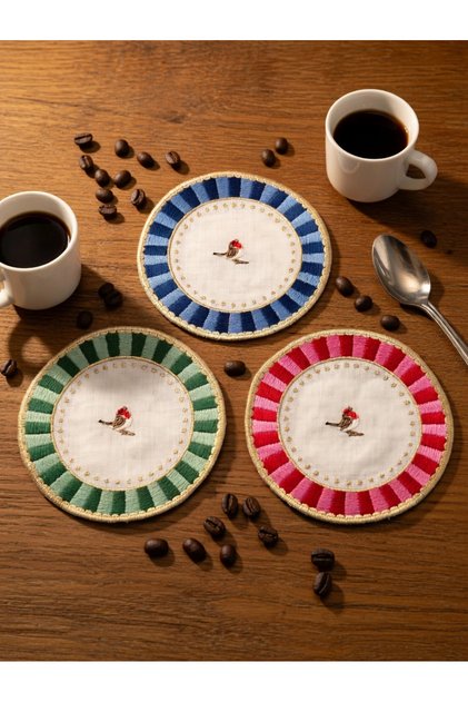 Set of 3 Embroidered Bird Patterned Round Cocktail Napkins - Pip Studio Compatible Blue-Red-Green Presentation Napkins