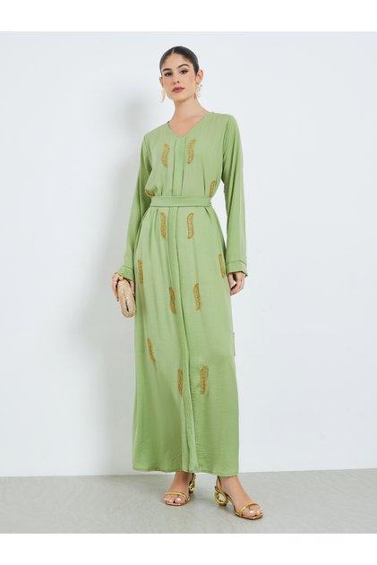 Green Beaded Panel Jalabiya with Tie-Belt