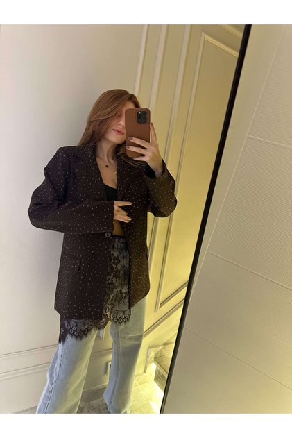 Acı Kahve Taşlı Oversize Blazer Ceket
