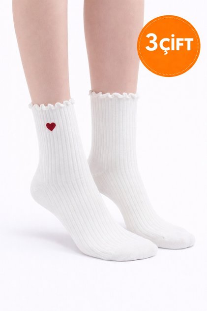 3 Pairs of White Ruffled Heart Detailed Derby Cotton College Socks