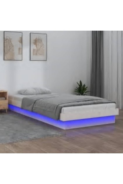 Cadru de pat cu LED, alb, 90x200 cm, lemn masiv
