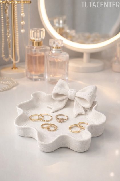 Wavy Edge Jewelry Organizer Tray with Bow Detail for Rings, Earrings, Necklaces (Plastic)