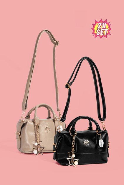 2-Piece Shiny Patent Leather Star Charm Detailed Hand and Shoulder Strap Bag