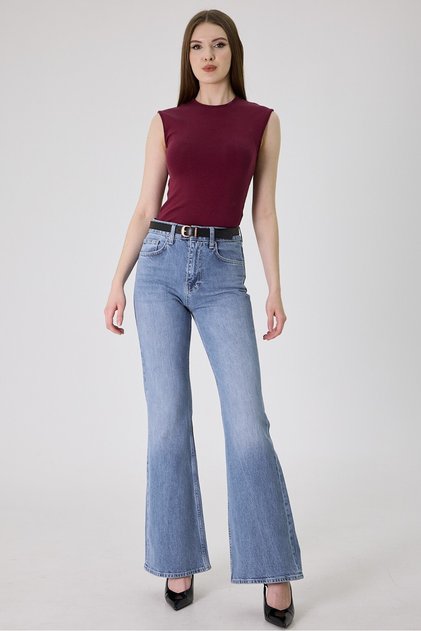 Women's Blue Snow Wash Flare Jean Pants – High Waist Spanish Leg Comfort Fit Denim