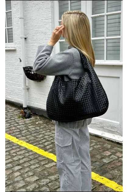 Women's Large Size Knitted Patterned Shoulder Bag Black