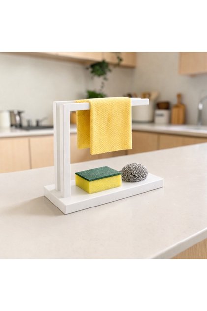 Modern Mutfak Süngerlik ve Bez Askılığı – Tezgah Üstü Düzenleyici Stand Beyaz