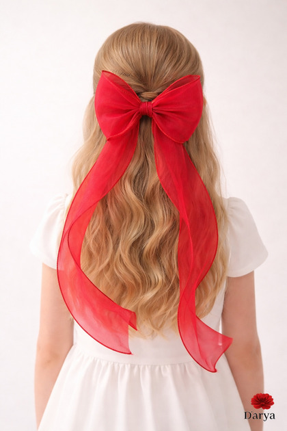 D’Arya Red Long Curly Ribbon Organza Large Bow Hair Clip – Red Bow Hair Clip Dd771