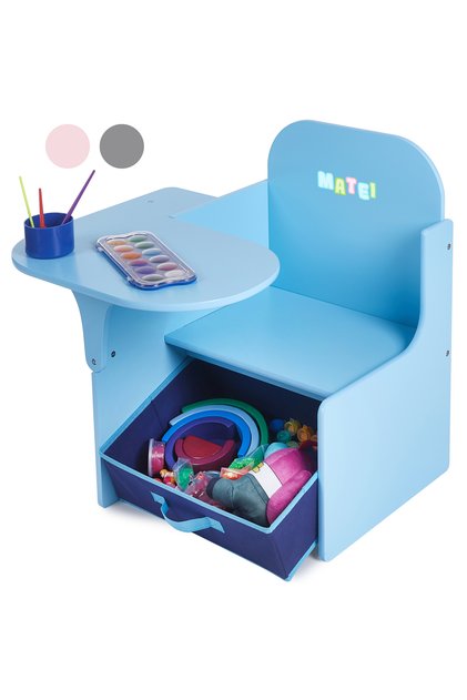 Set Masuta Cu Scaun Copii, 3 In 1, Suporto, Din Lemn Mdf, Varsta 3-6 ani, Alb cu Gri, 51x58.5x58 cm