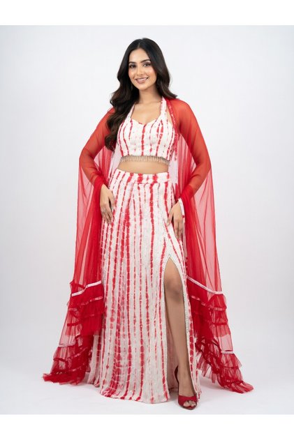Red tie-dye skirt set with cape