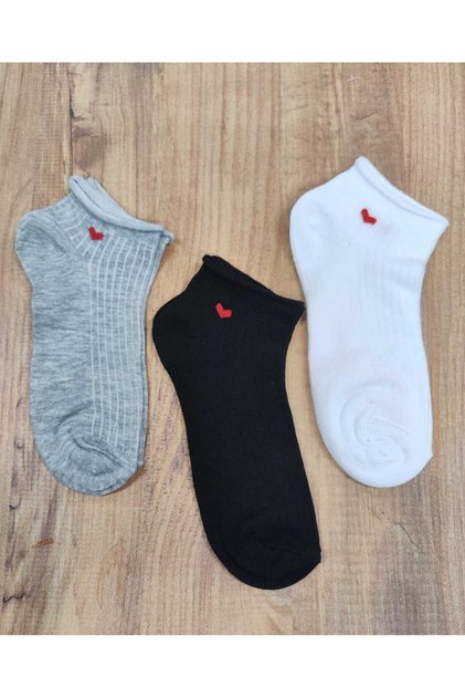 Women's Elasticless Short Socks with Hearts, 3 Pairs, Cotton