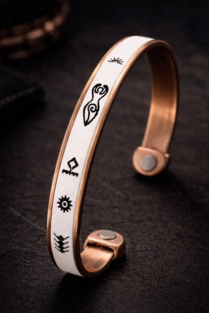 Men's Pure Copper Bracelet with White Leather and Patterned Adjustable Magnet Model for Men and Women Copper