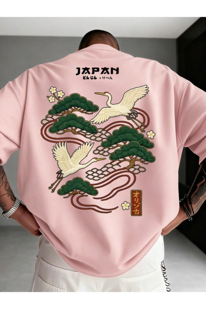 Unisex Kadın/Erkek JAPAN Özel Baskılı Oversize Penye Bisiklet Yaka T-Shirt