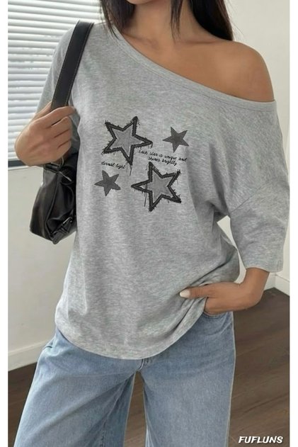 Written Stars Printed Oversize Women's Boat Neck T-Shirt