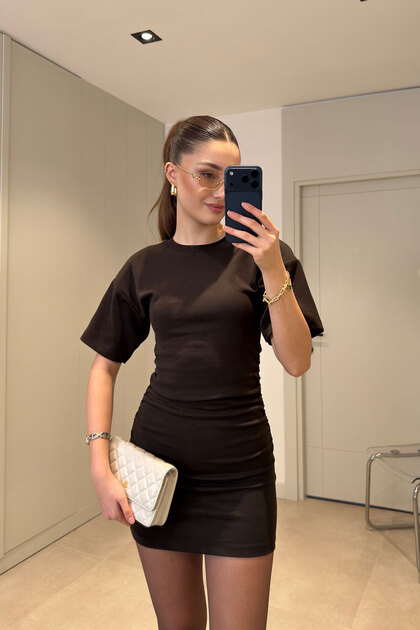 Premium Side Gathered Mini Dress - Brown