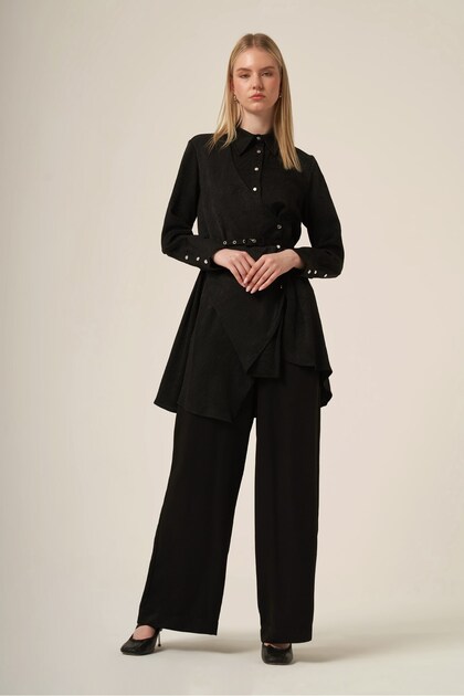 Women's Jacquard Belt Detailed Double Suit Set Black 31328