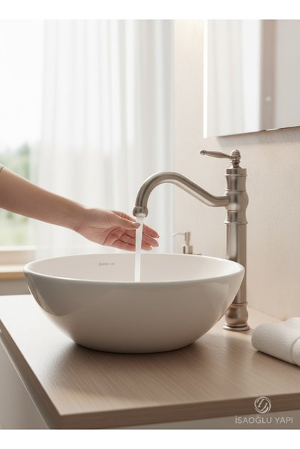 Mat Krom Retro Çanak Lavabo Bataryası Fırçalanmış Nikel Yüksek Model Çanak Armatür