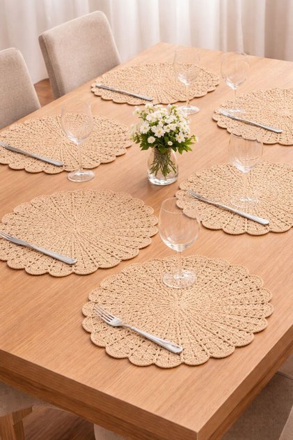 Set of 6 Hand Knitted Bohemian Wicker Plate Mats - Paper Rope - American Service Style