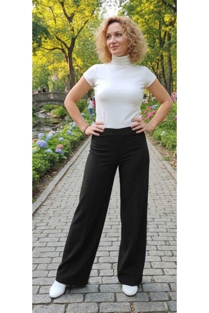 Wide Leg Black Crepe Palazzo Trousers Women's Original Cut Grass Detailed No Pockets Loose Casual Lycra