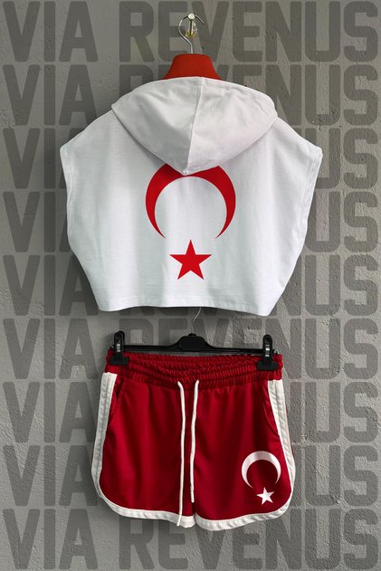 Turkey Moon Star Printed 100% Cotton Hooded Zero Sleeve Crop and Jersey Fabric Shorts Women's Sports Set