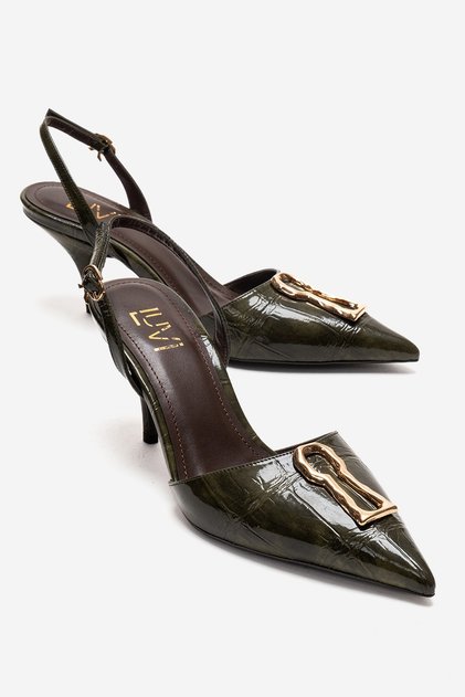 Yvella Green Patent Leather Print Buckle Pointed Toe Women's Heeled Shoes