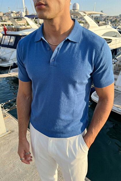 Surin Premium Cotton Knitwear Polo Collar Regular Fit Men's Blue T-Shirt