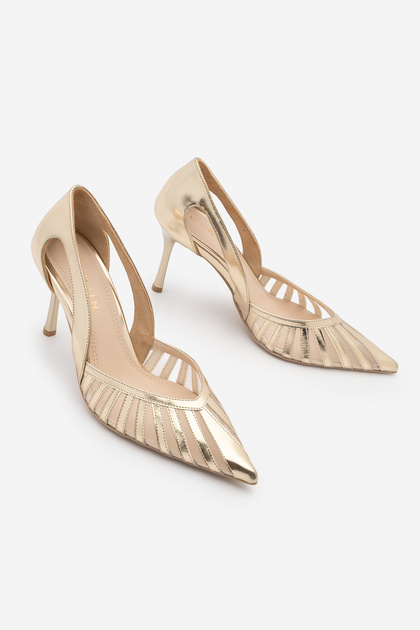 Women's Stiletto Pointed Toe Ribbon Detailed Mesh Classic Heeled Shoes Koriva Gold