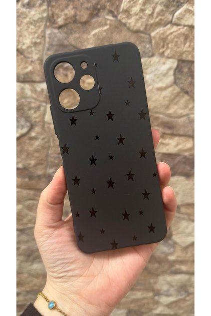 Redmi 12 Compatible Mini Black Star Patterned Silicone Shock Absorbing Classic Protected Rubber Case
