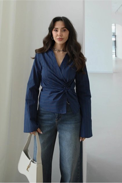 Navy Blue Striped Shirt with Twisted Detail on the Front - 3245